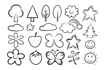 Whimsical Nature Illustrations: A collection of playful, hand-drawn sketches of natural elements, including trees, clouds, stars, flowers, and a butterfly, embodying the lighthearted spirit of nature