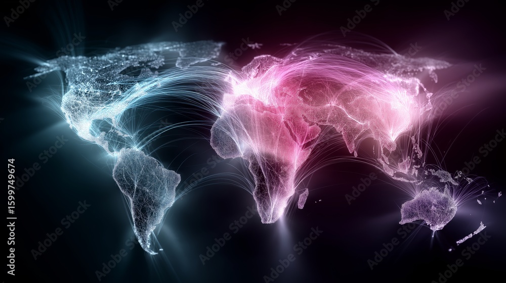 Poster world map visual with glowing light lines symbolizing international data transfer, digital communica