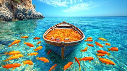 Serene Coastal Scene: A Wooden Boat Surrounded by Vibrant Orange Fish in Crystal Clear Waters