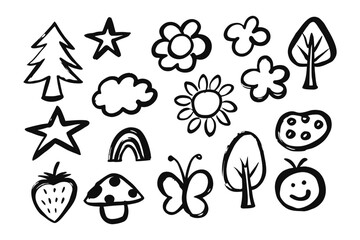 Hand-drawn Doodle Collection: An array of hand-drawn doodles, showcasing whimsical elements like stars, flowers, trees, and playful shapes, perfect for adding a touch of creativity.