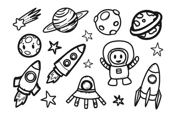 Cosmic Doodle: whimsical illustration captures the magic of space, featuring planets, rockets, stars, and an astronaut, all rendered in playful line art style.