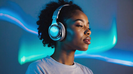 Serene Soundscapes: A woman with eyes closed finds solace in the immersive audio experience of her headphones, enveloped by a captivating light display, a symbol of inner peace and sound exploration.