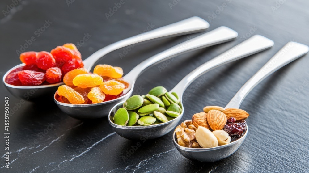 Poster nutritional elegance: assorted nuts and dried fruits in designer spoons with soft shadows
