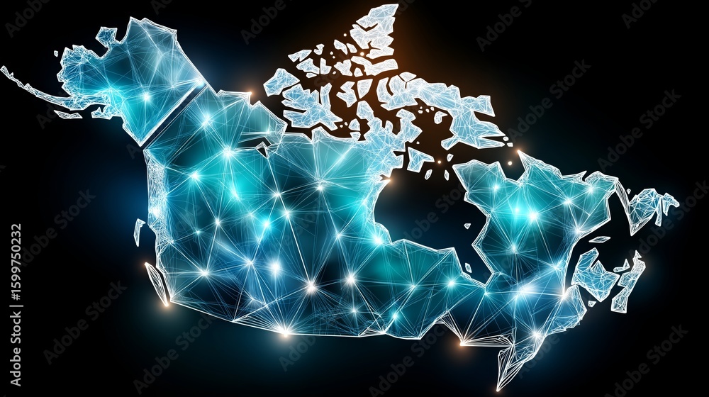 Poster glowing polygonal digital map of canada with luminous blue nodes and connected network grid on futur