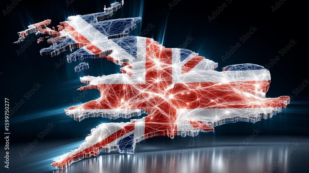 Poster united kingdom map overlaid with union jack and glowing luminous network grid forming a futuristic d