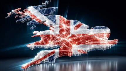 United Kingdom map overlaid with Union Jack and glowing luminous network grid forming a futuristic digital pattern on dark background, Generative AI