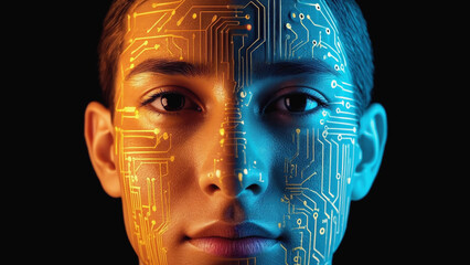 Digital Human: A striking portrait showcases a human face bisected, with one half illuminated in warm, gold tones and the other in cool, blue hues.