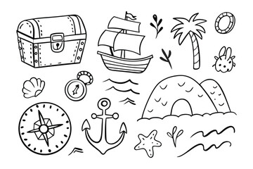 Pirate Treasure elements: The image showcases a variety of hand-drawn pirate elements, perfectly illustrating the theme of treasure hunting and adventure in a playful art style.