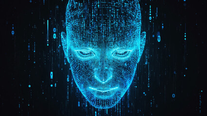 Digital human face wireframe representing advanced artificial intelligence concept data analysis neural network machine learning big data visualization cyber future