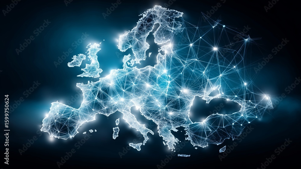 Poster glowing digital network map of europe with luminous blue data nodes and connected grid lines on futu