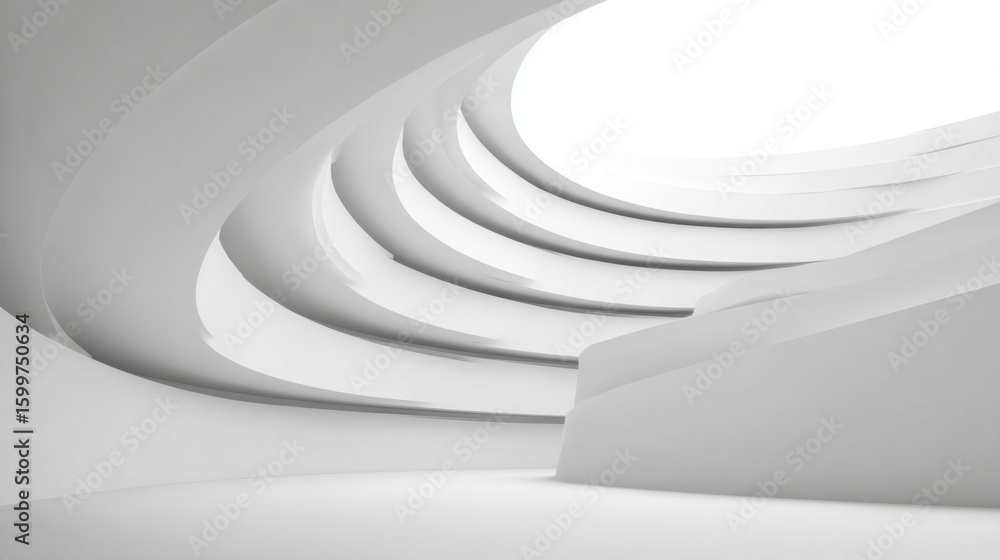 Poster a bright gallery space showcases a fluid architectural design with smooth white curves. natural ligh