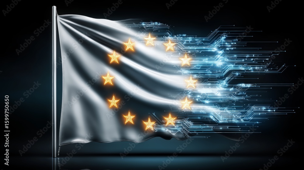 Poster streaming luminous digital rendering of european union flag with glowing stars and futuristic blue t