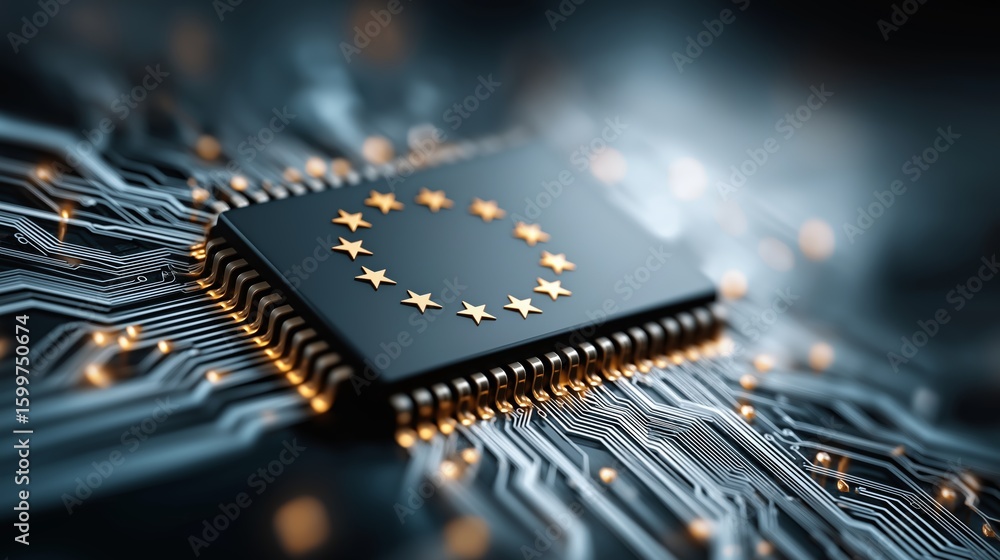 Poster futuristic 3d microchip featuring golden europe stars integrated into luminous circuit board with gl