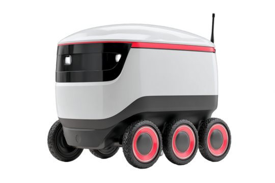White and Red Six-Wheeled Delivery Robot on Transparent Background, PNG