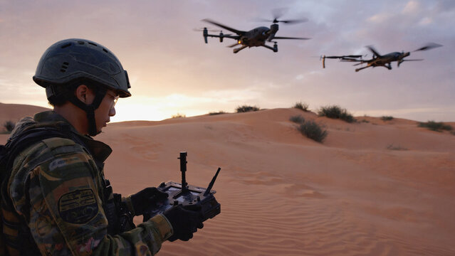 Military Drone Operation: A soldier adeptly pilots military drones above arid terrain, showcasing advanced technology in action amidst a sun-kissed landscape.