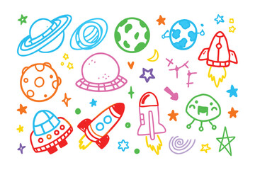 Whimsical Galaxy of Doodles: A colorful illustration showcasing an imaginative depiction of space with planets, rockets, stars, and other cosmic elements.