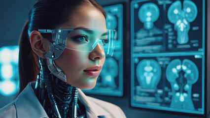 Futuristic Medical Analyst: A focused professional with high-tech glasses examines detailed medical scans in a sleek, contemporary setting, highlighting advanced medical innovation.