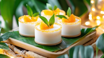 Orange and white Thai desserts on a bamboo tray, surrounded by fresh leaves and warm lighting for a cozy feel