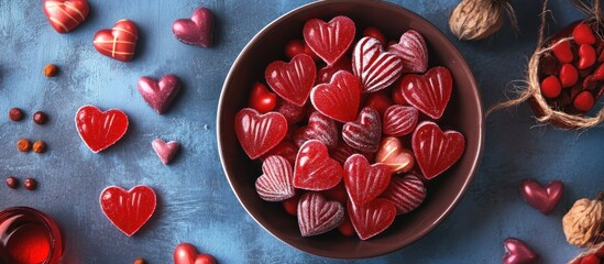 Heart-shaped candies, chocolates, and sweets in a bowl, on a dark blue surface