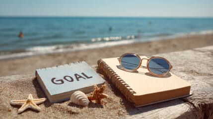 Goal notebook, starfish, and sunglasses placed on sandy beach wood surface. Summer Goal Setting, concept of summer planning and relaxation
