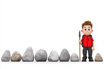 Cartoon Boy Hiker with Backpack and Walking Stick Facing Grey and Brown Rocks on White Background