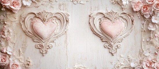 Pale pink hearts in ornate frames on a distressed white background, with floral accents