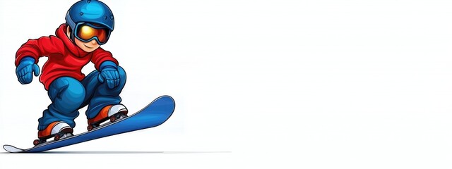 Cartoon Child Snowboarding Downhill Red Jacket, Blue Snowboard, White Background