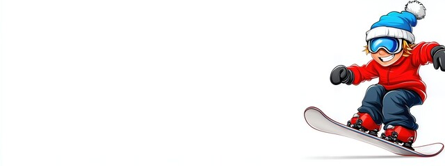 Cartoon Snowboarder in Red Jacket and Blue Hat Executing a Trick on White Background