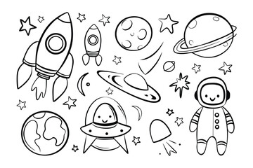 Cosmic Odyssey: A captivating illustration of space exploration, featuring a charming astronaut, soaring rockets, celestial bodies, and whimsical flying saucers, all set against a backdrop of stars. 