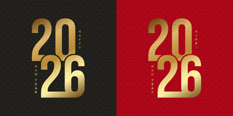 Happy new year 2026 cards template. Chinese pattern and gold numbers. Asian gold greeting on red and black background. Square poster, cover. Flat style. Vector illustration.