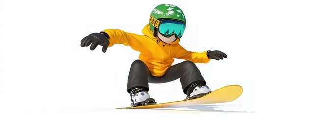 Cartoon Snowboarder in Yellow Jacket Performing a Trick on White Background