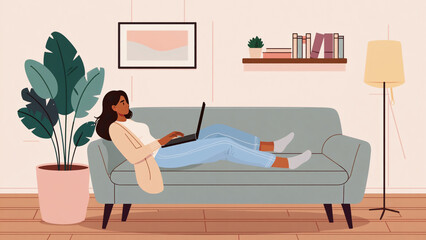 Relaxed Solitude: A person reclining comfortably on a couch while using a laptop, surrounded by a tranquil environment, evoking a sense of ease and work-life balance.