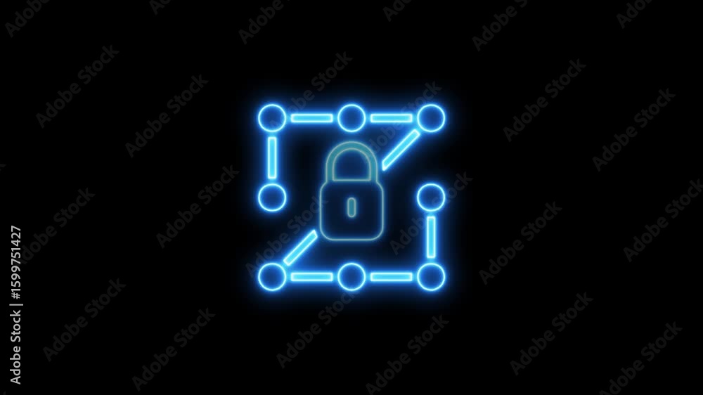Poster glowing neon circuit with lock symbol indicating cybersecurity and data protection