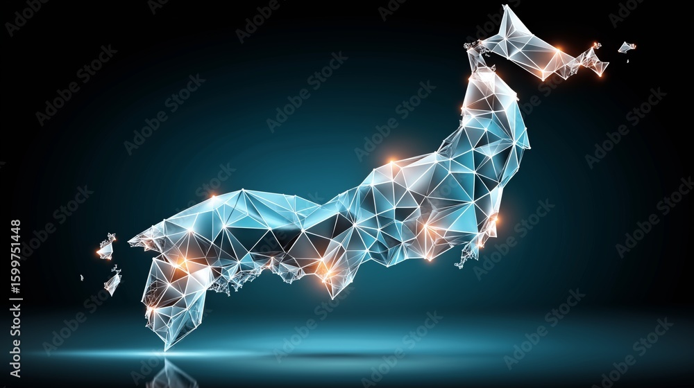 Poster futuristic glowing polygonal network map of japan with illuminated points, abstract technology mesh 