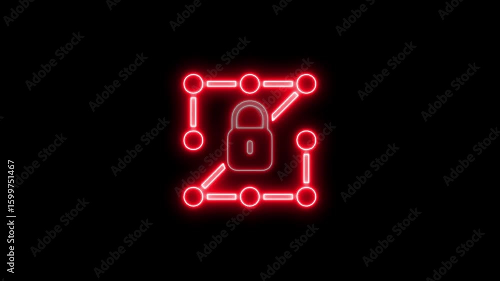 Poster red neon animated lock inside connected network on black background for security