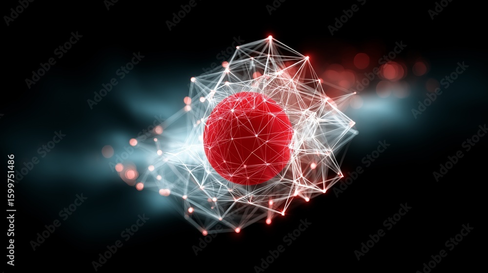 Aufkleber digital network design with glowing red sphere and luminous connected nodes forming an abstract futu