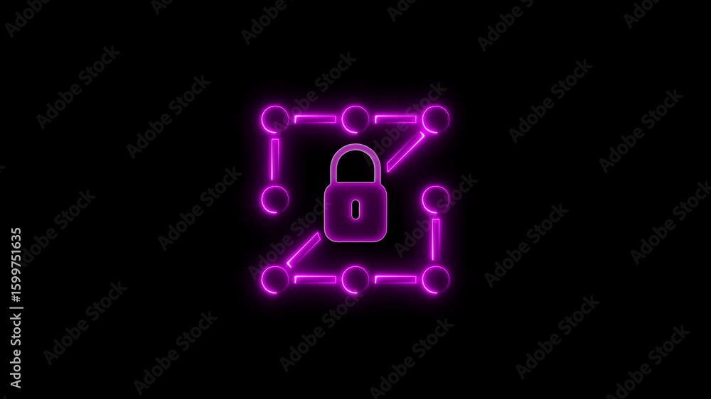 Poster glowing neon security lock symbol surrounded by nodes on a dark background