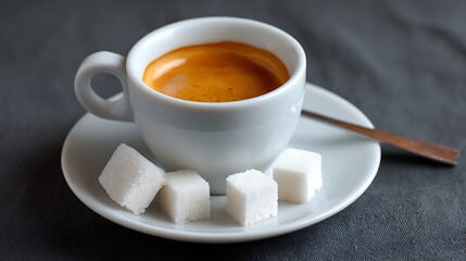 White cup of espresso with saucer and sugar cubes