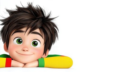 Cheerful Boy with Green Eyes and Freckles Looking Thoughtfully