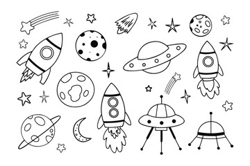 Space Doodle: A playful black and white illustration featuring rockets, planets, stars and other celestial objects. Perfect for space exploration theme.