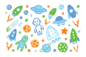 Celestial Doodle: whimsical, colorful doodles of space elements. Capturing the magic and wonder of space