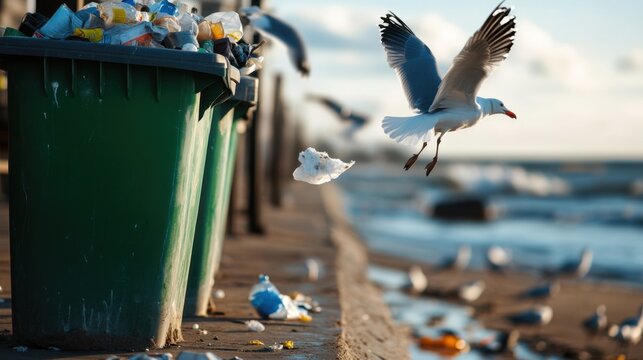 Overflowing garbage bin on a beach walkway, mixed waste blowing in the wind with seagulls nearby