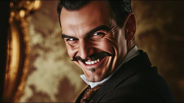 Brunette man with a thin moustache laughs evilly. He is wearing a classic jacket and tie. Against the background of a blurred classic setting.