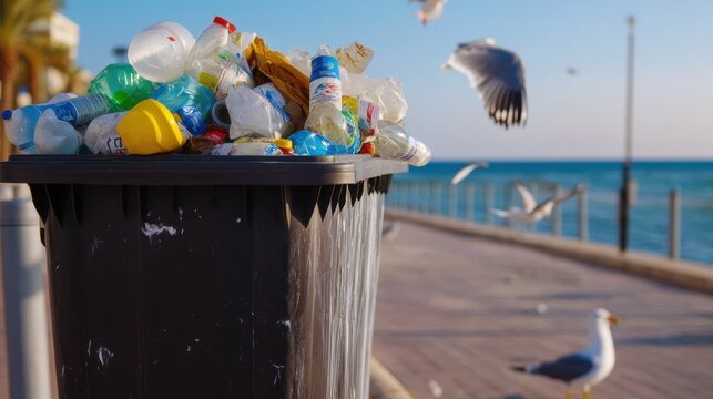 Overflowing garbage bin on a beach walkway, mixed waste blowing in the wind with seagulls nearby