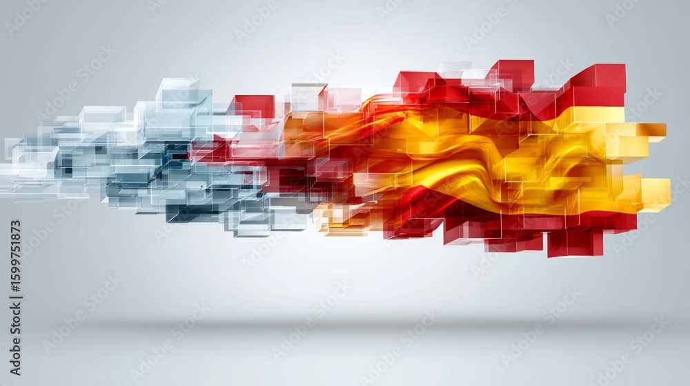Poster abstract spanish flag formed with glowing cubes and luminous flowing fragments creating a dynamic mo