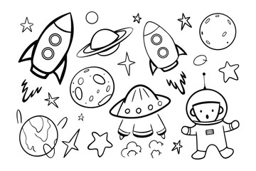 Space Adventure Doodles: A whimsical collection of hand-drawn space-themed illustrations, including rockets, planets, stars, and a cheerful astronaut.