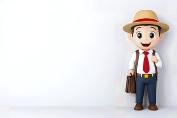 Cheerful Cartoon Boy in Hat and Briefcase Against White Background