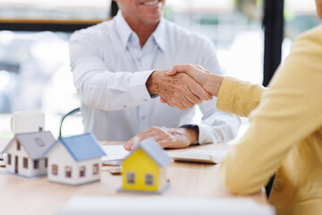 Business man offer and give hand for handshake in office. Successful job interview. Apply for loan...