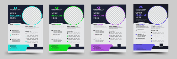 Promotional Corporate Business Flyer design template or brochure design, navy blue, green violet color, natural Shape, Circle shape, layout.