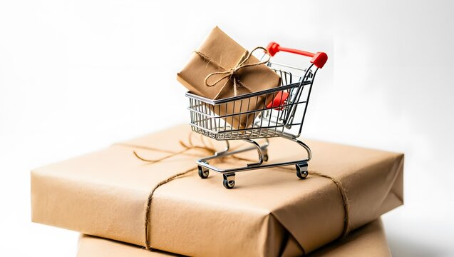 A miniature shopping cart filled with small packages sits atop a larger gift-wrapped box, symbolizing online shopping and delivery.
